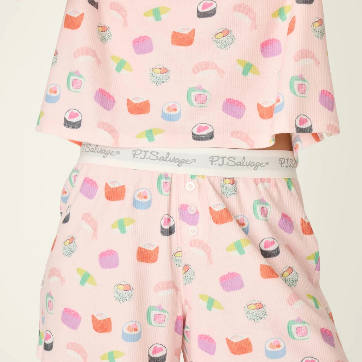 PJ Salvage Boyfriend Boxer Short PJ Set in Rosewater Sushi baby waffle knit — Cloud Nine Pajamas Edmonton