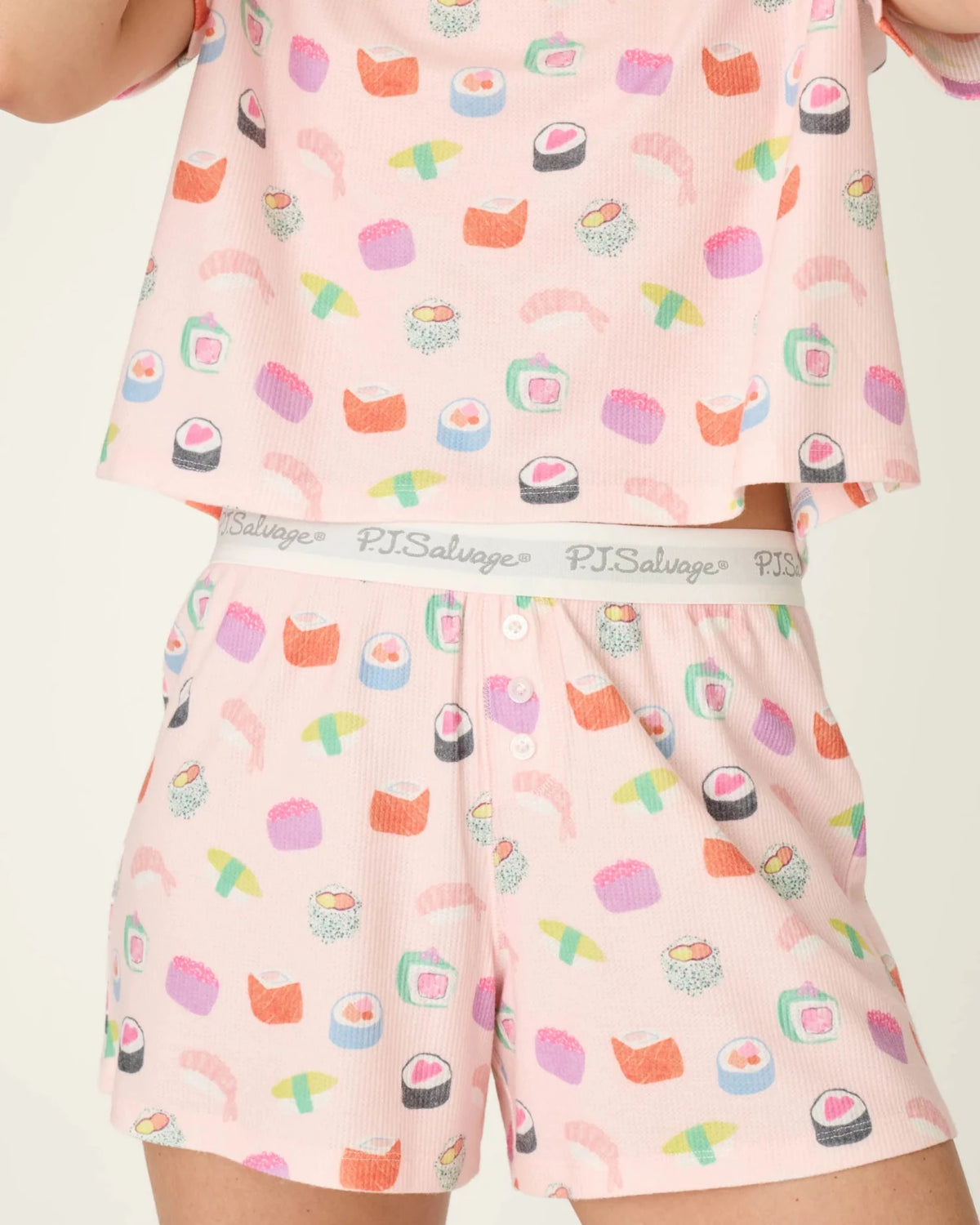 PJ Salvage Boyfriend Boxer Short PJ Set in Rosewater Sushi baby waffle knit — Cloud Nine Pajamas Edmonton