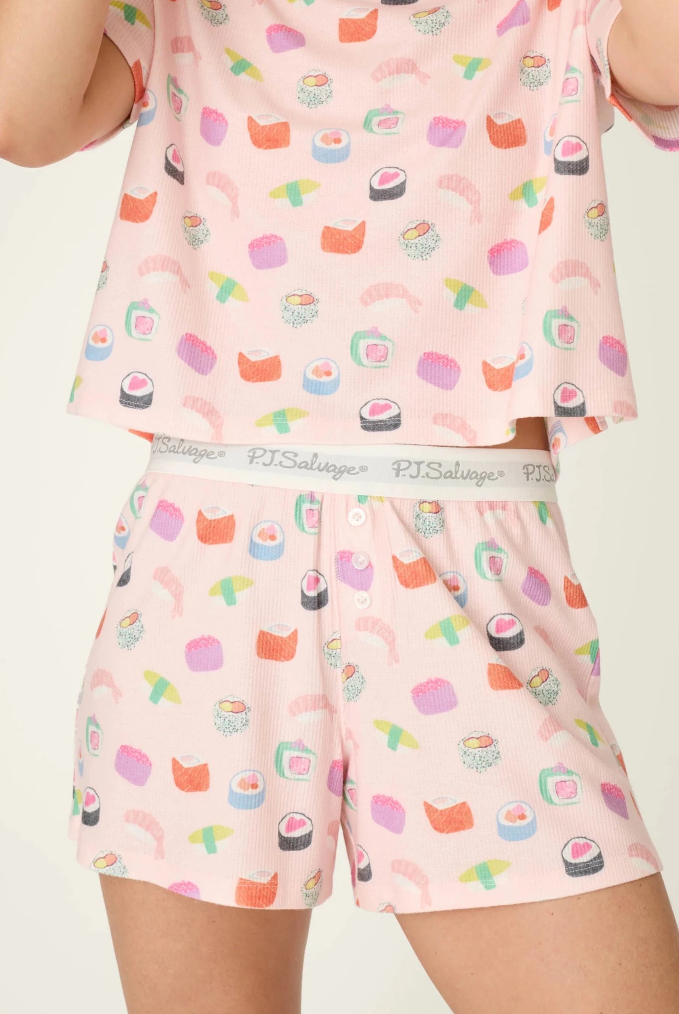 PJ Salvage Boyfriend Boxer Short PJ Set in Rosewater Sushi baby waffle knit — Cloud Nine Pajamas Edmonton