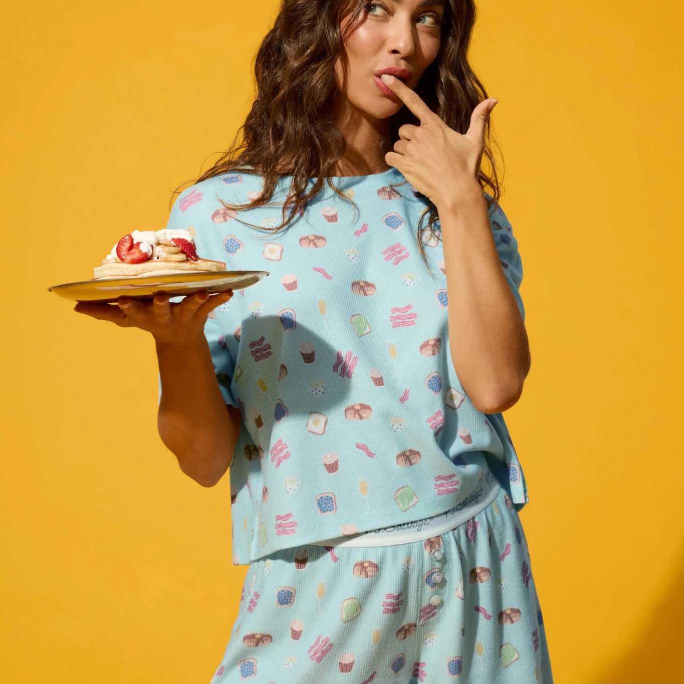 PJ Salvage Boyfriend Boxer Short PJ Set in Cool Blue Foodie print baby waffle knit — Cloud Nine Pajamas