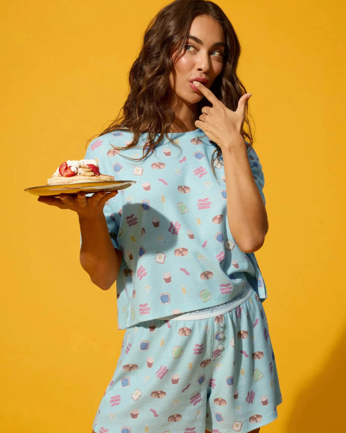 PJ Salvage Boyfriend Boxer Short PJ Set in Cool Blue Foodie print baby waffle knit — Cloud Nine Pajamas