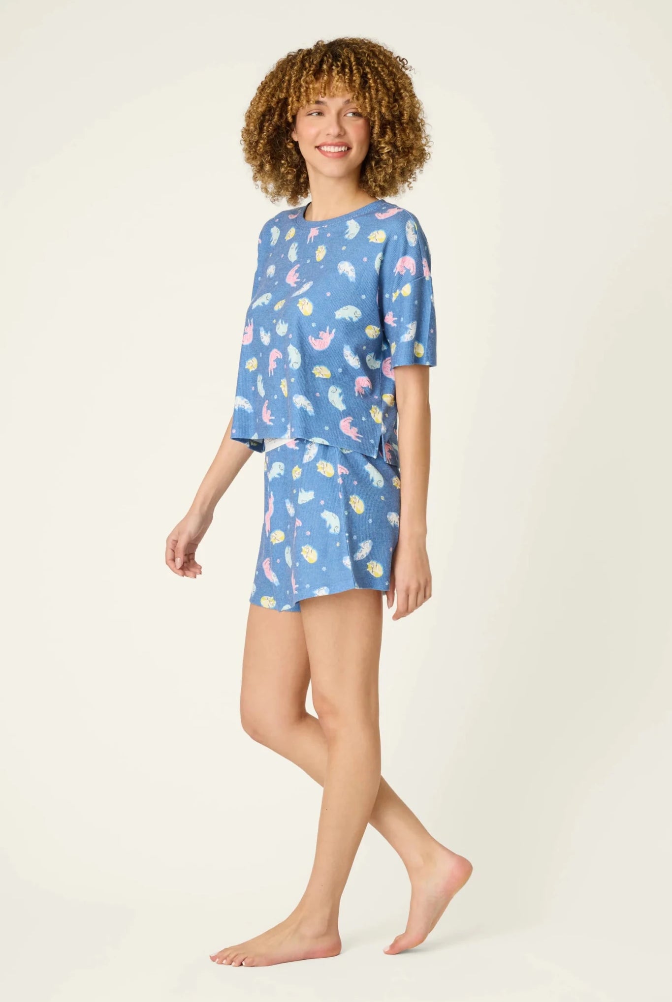 PJ Salvage Boyfriend Boxer Short PJ Set in Navy Cats print baby waffle knit — Cloud Nine Pajamas