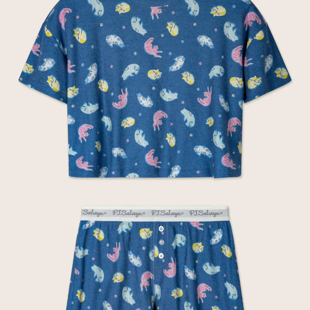 PJ Salvage Boyfriend Boxer Short PJ Set in Navy Cats print baby waffle knit — Cloud Nine Pajamas