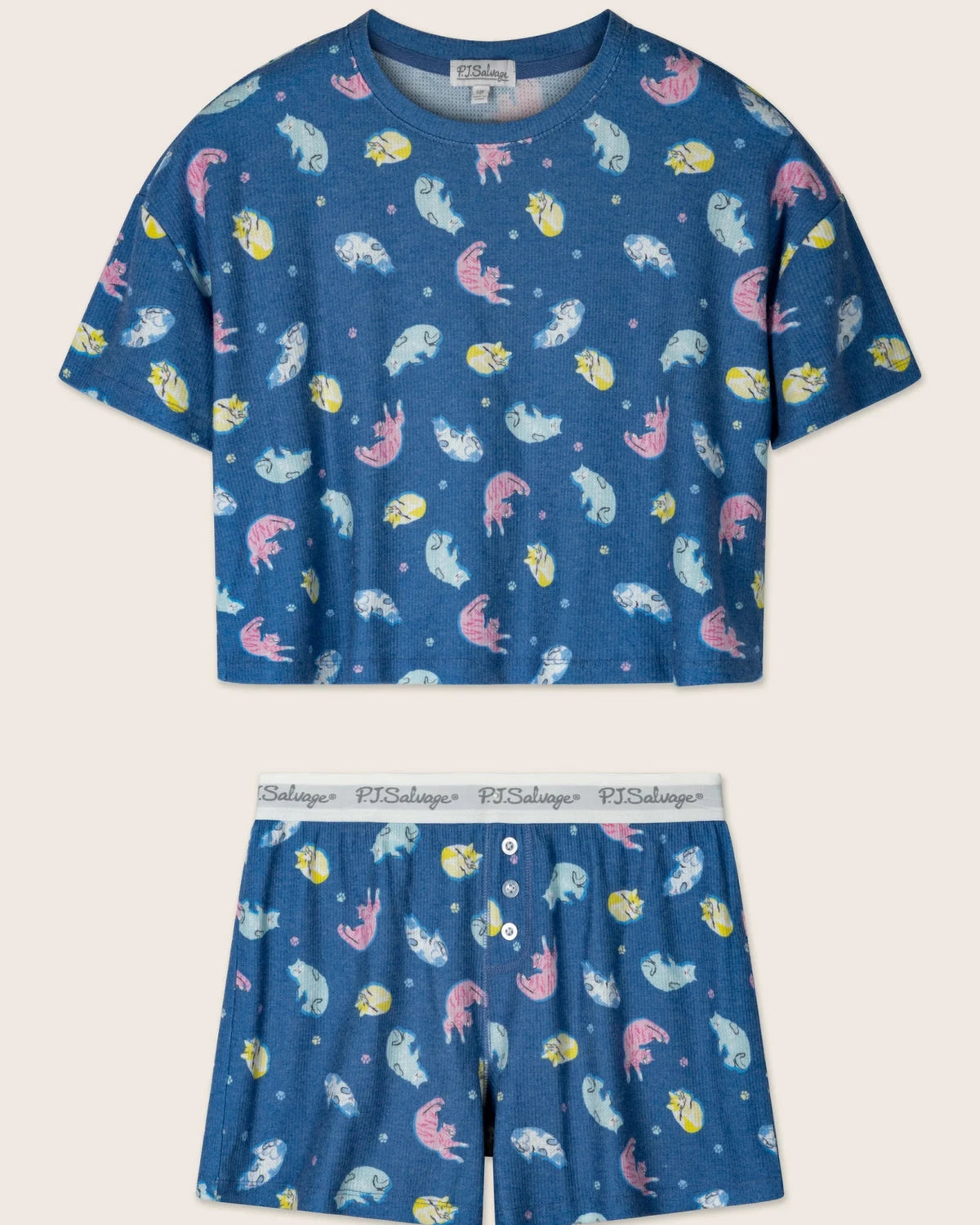 PJ Salvage Boyfriend Boxer Short PJ Set in Navy Cats print baby waffle knit — Cloud Nine Pajamas