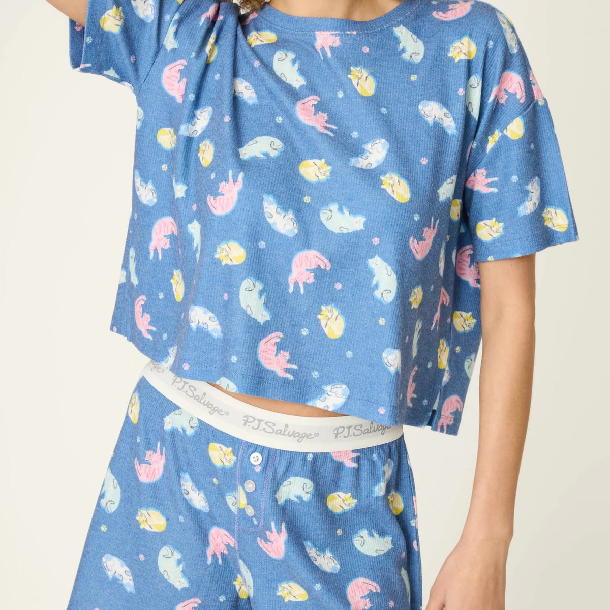 PJ Salvage Boyfriend Boxer Short PJ Set in Navy Cats print baby waffle knit — Cloud Nine Pajamas