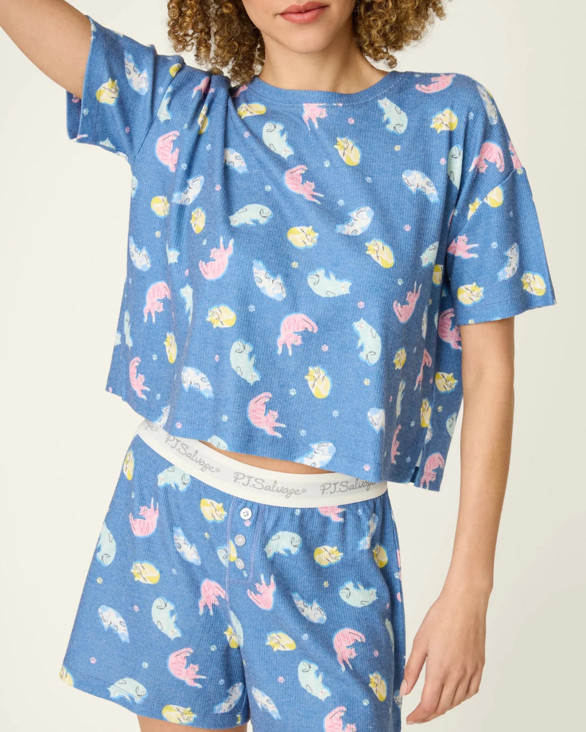 PJ Salvage Boyfriend Boxer Short PJ Set in Navy Cats print baby waffle knit — Cloud Nine Pajamas