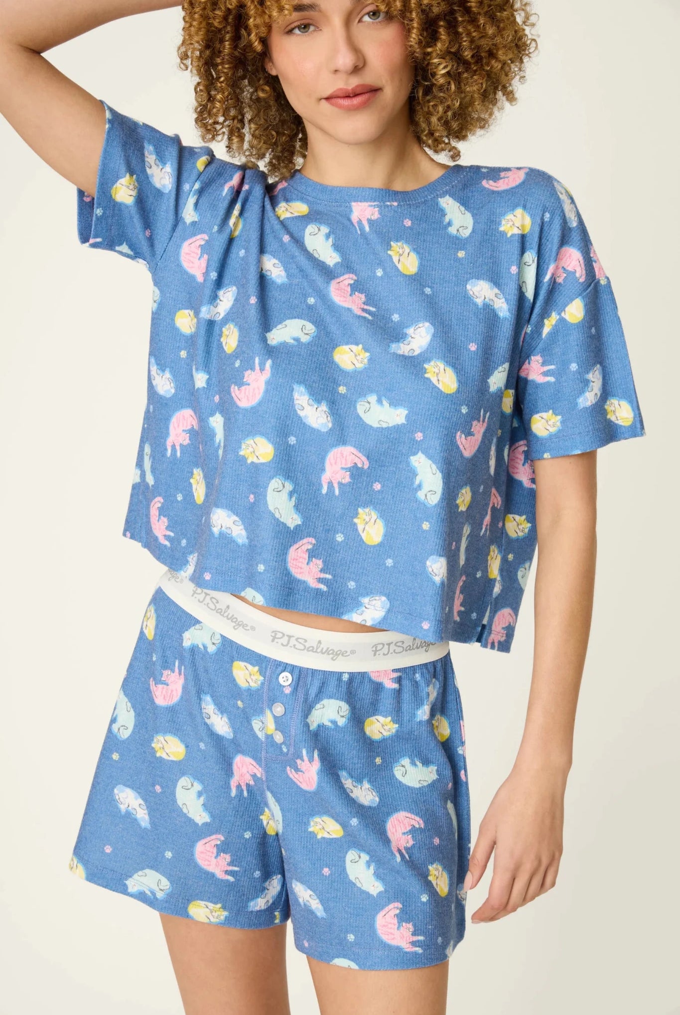 PJ Salvage Boyfriend Boxer Short PJ Set in Navy Cats print baby waffle knit — Cloud Nine Pajamas