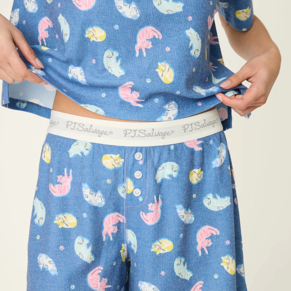 PJ Salvage Boyfriend Boxer Short PJ Set in Navy Cats print baby waffle knit — Cloud Nine Pajamas