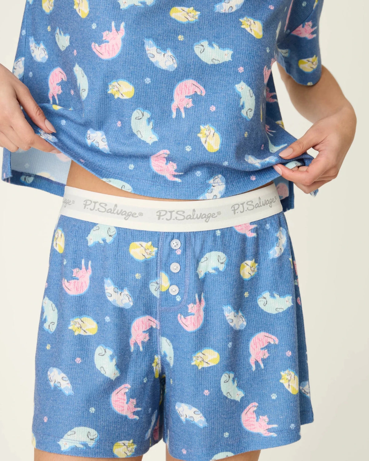 PJ Salvage Boyfriend Boxer Short PJ Set in Navy Cats print baby waffle knit — Cloud Nine Pajamas