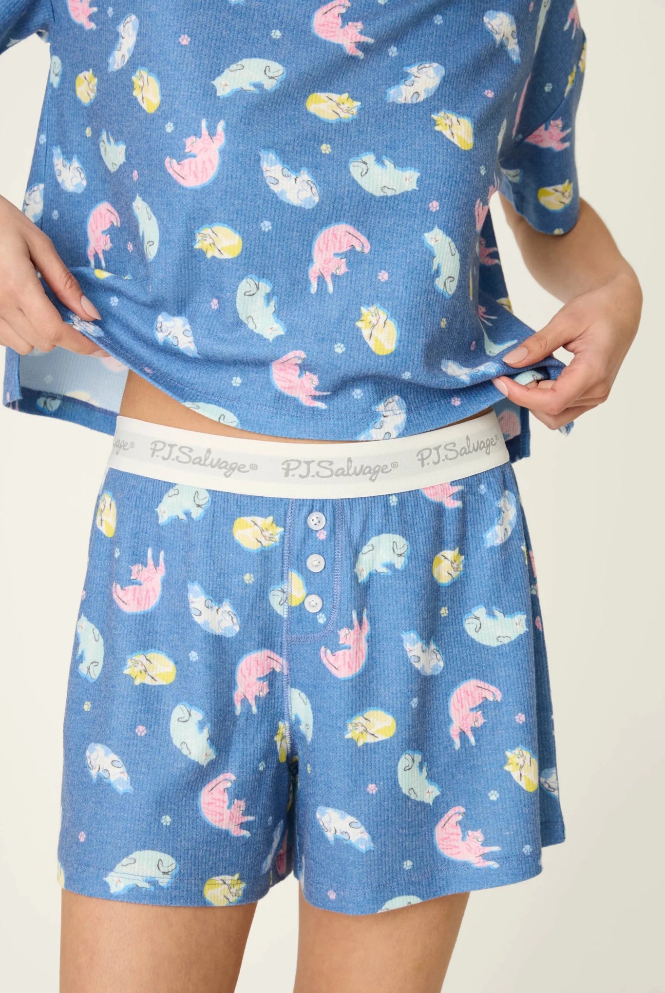 PJ Salvage Boyfriend Boxer Short PJ Set in Navy Cats print baby waffle knit — Cloud Nine Pajamas
