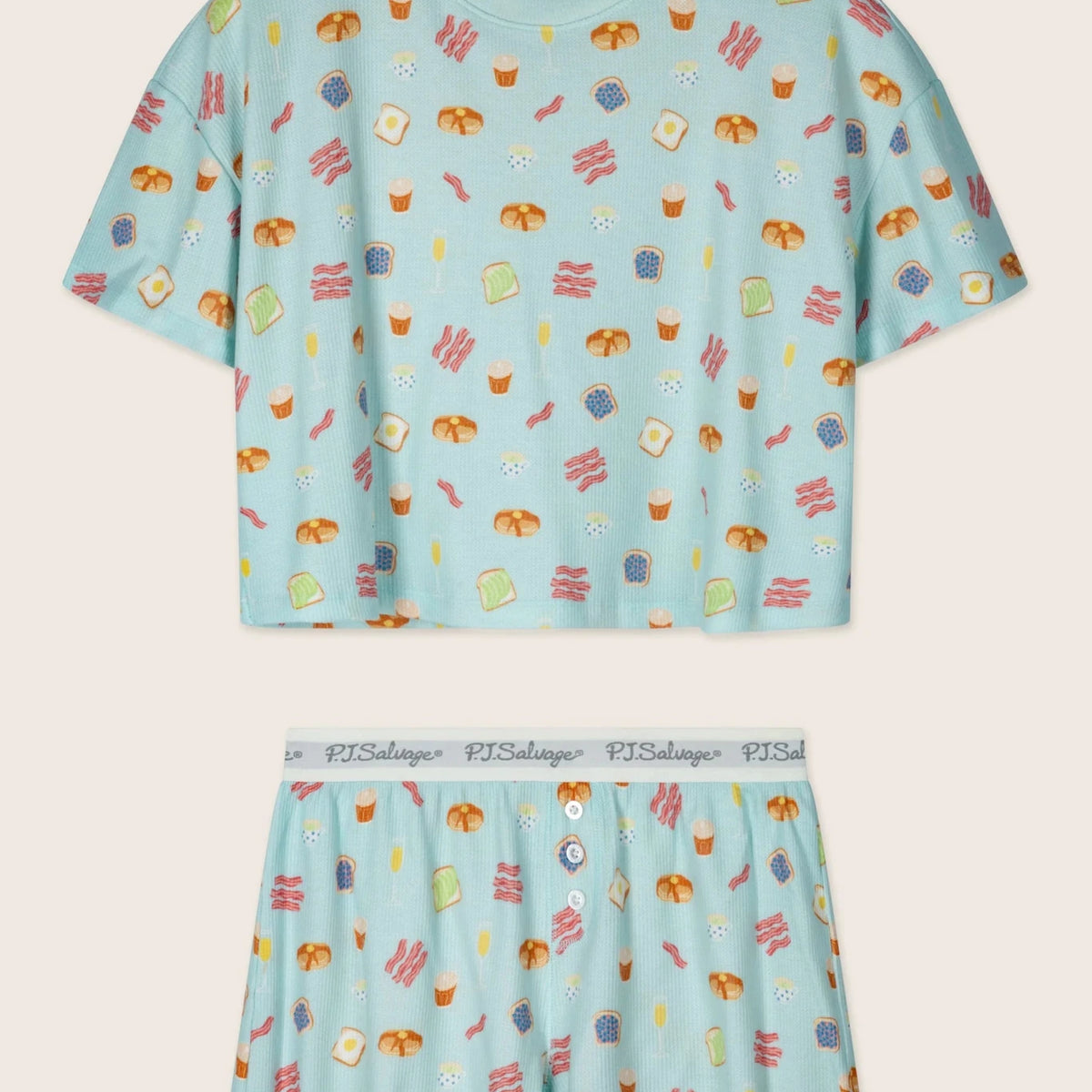 PJ Salvage Boyfriend Boxer Short PJ Set in Cool Blue Foodie print baby waffle knit — Cloud Nine Pajamas