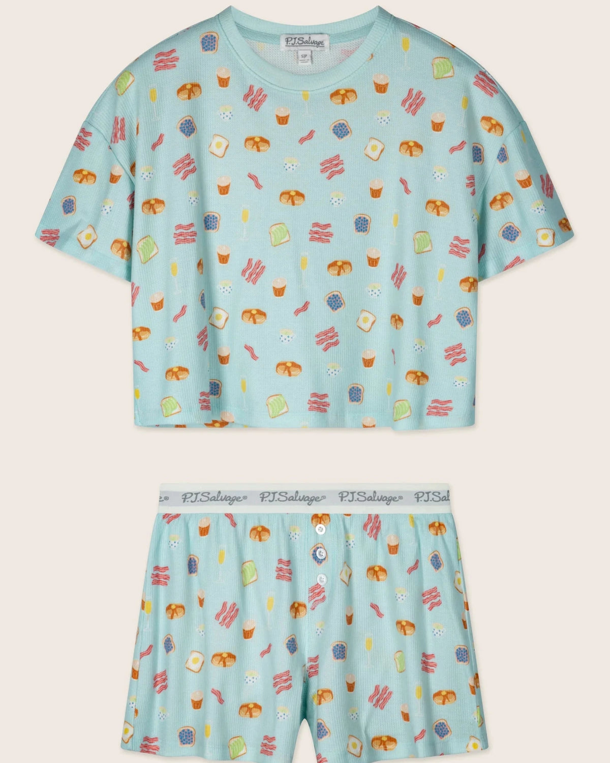PJ Salvage Boyfriend Boxer Short PJ Set in Cool Blue Foodie print baby waffle knit — Cloud Nine Pajamas