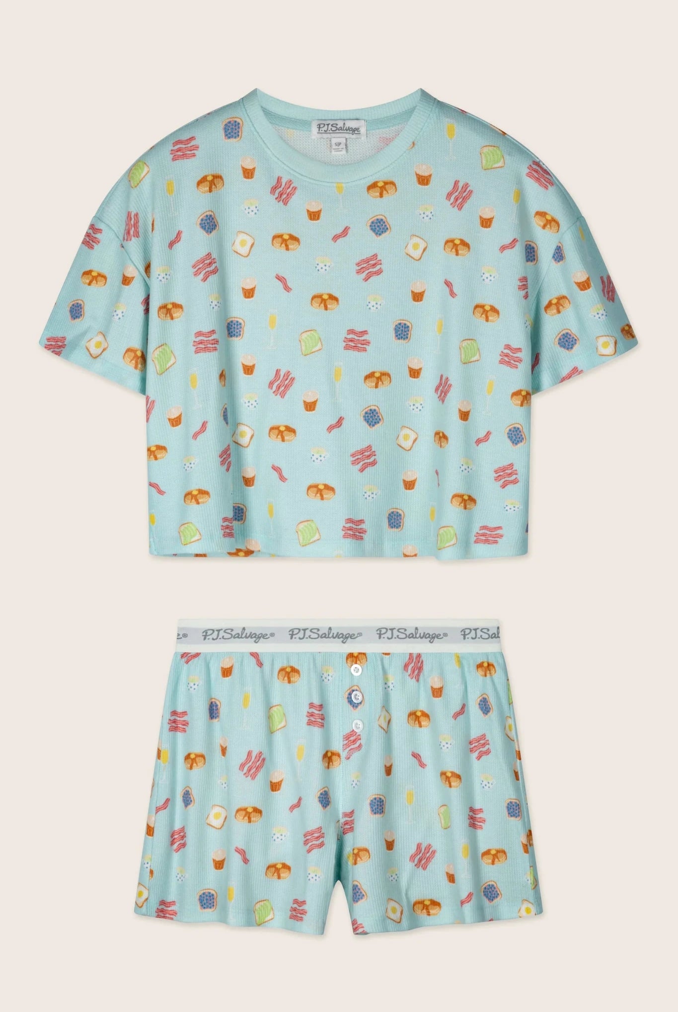 PJ Salvage Boyfriend Boxer Short PJ Set in Cool Blue Foodie print baby waffle knit — Cloud Nine Pajamas