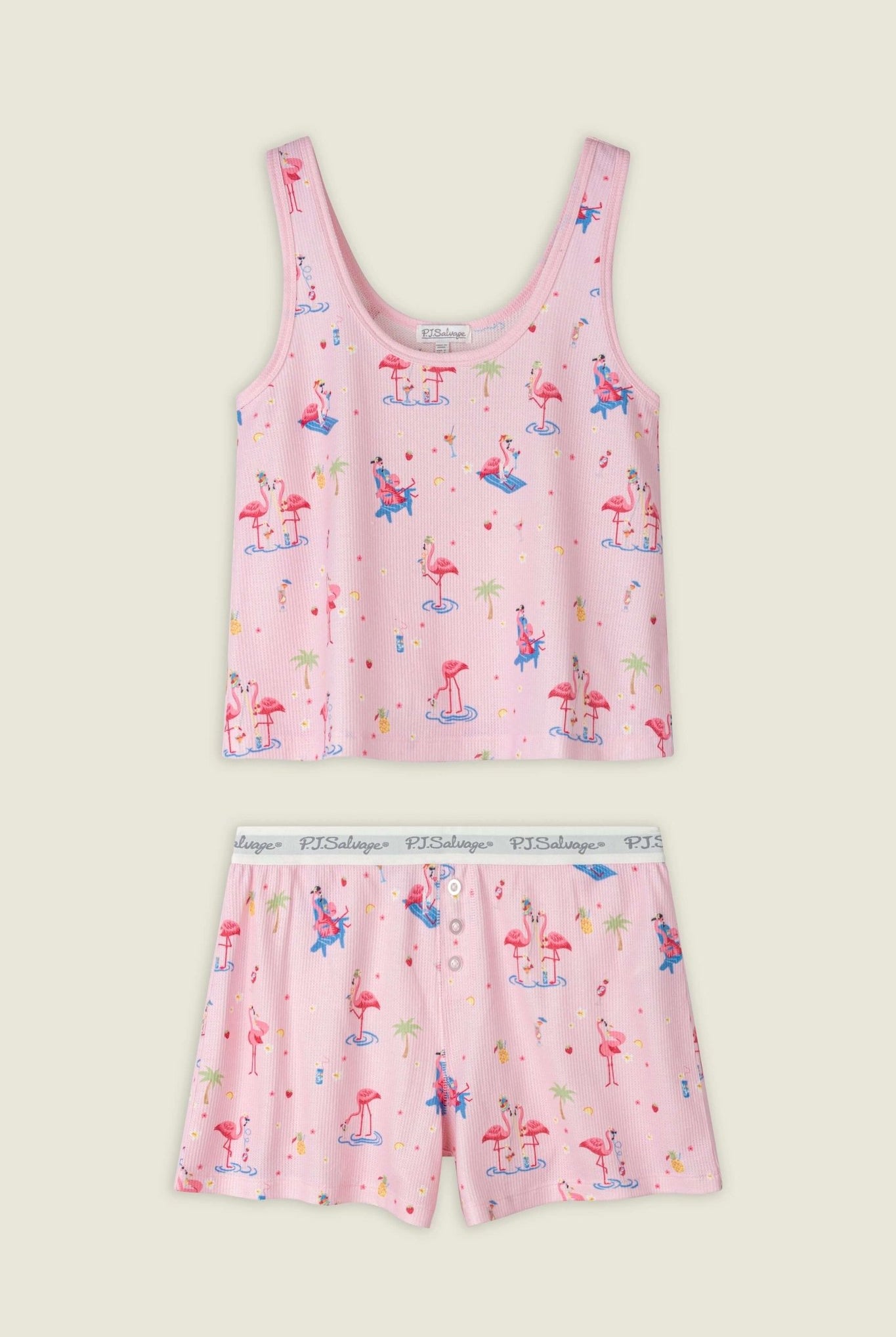 PJ Salvage - Boyfriend Peachy Waffle Tank & Boxer Set in pink with flamingo print