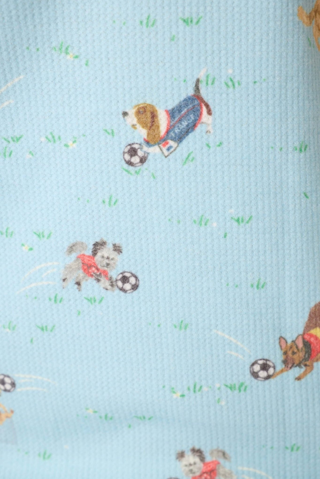 Print featuring playful dogs in sports jerseys with soccer balls on a light blue waffle-knit fabric.