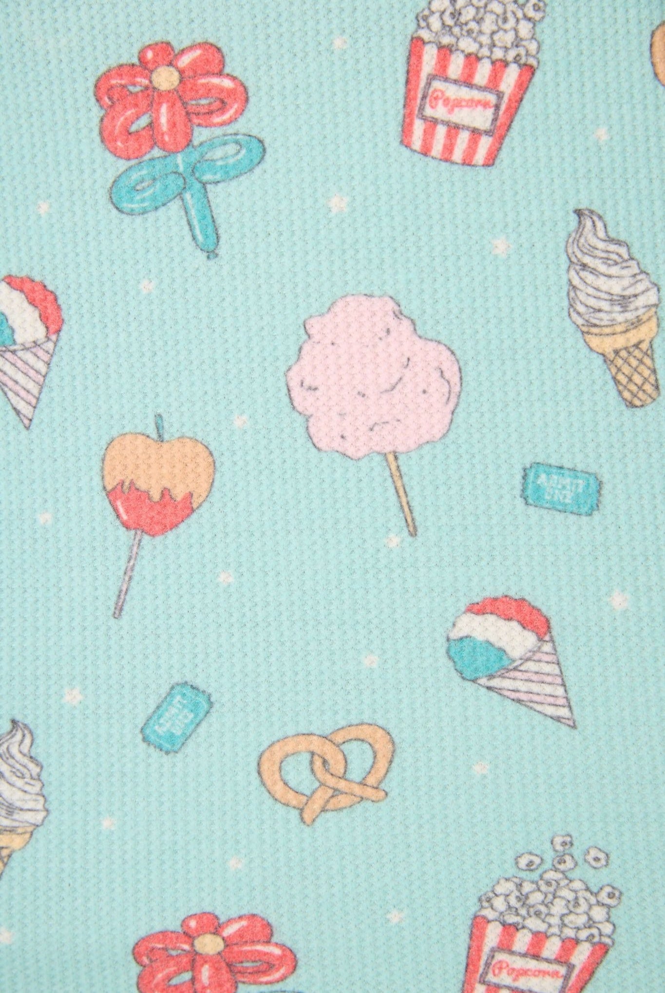 Colorful pattern of candy, ice cream, popcorn, and pretzel on a light blue background.