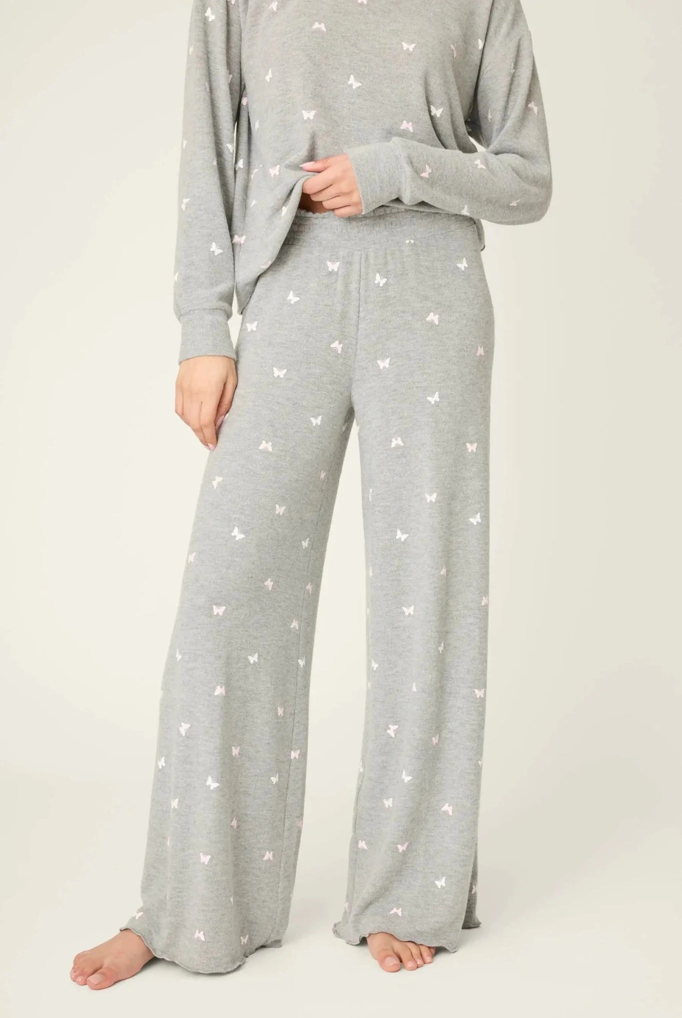 PJ Salvage Peachy Butterfly Kisses Lounge Set featuring a cozy top and wide-leg pants in heathered grey.