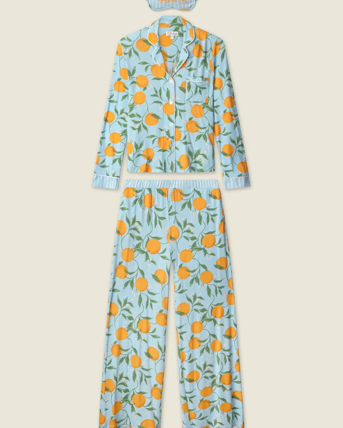 PJ Salvage Citrus Dreams 3-Piece PJ Set including top, pants, and eye mask with citrus print.