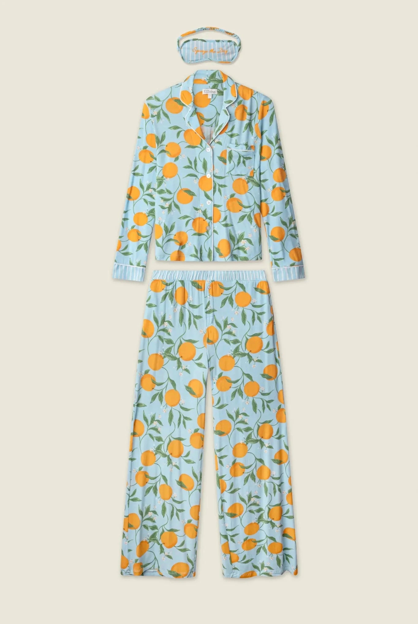 PJ Salvage Citrus Dreams 3-Piece PJ Set including top, pants, and eye mask with citrus print.