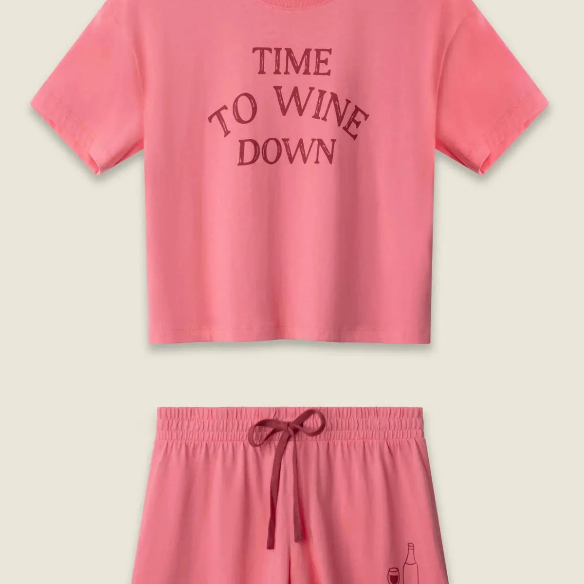 PJ SALVAGE Graphic Print Softee Tee & Short Lounge Set in "Time to Wine Down" rose pink. Set shown as a lay-flat against a light background