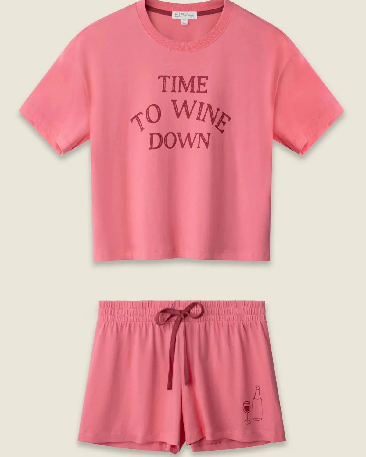 PJ SALVAGE Graphic Print Softee Tee & Short Lounge Set in "Time to Wine Down" rose pink. Set shown as a lay-flat against a light background
