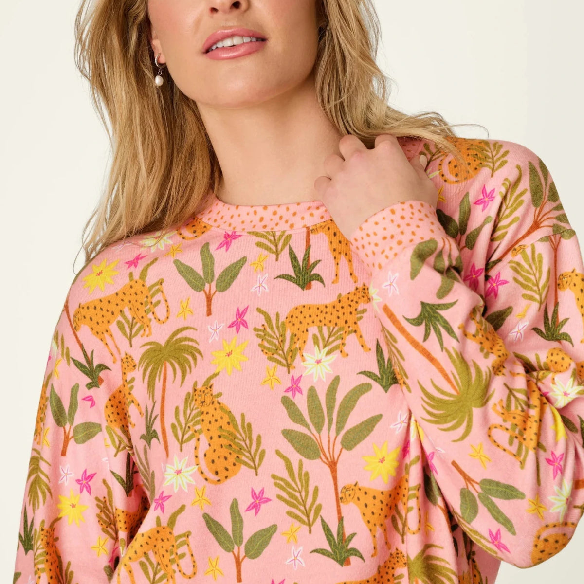 PJ Salvage In The Jungle leopard safari print long sleeve top and pant set in peachy jersey — Cloud Nine Pajamas Edmonton