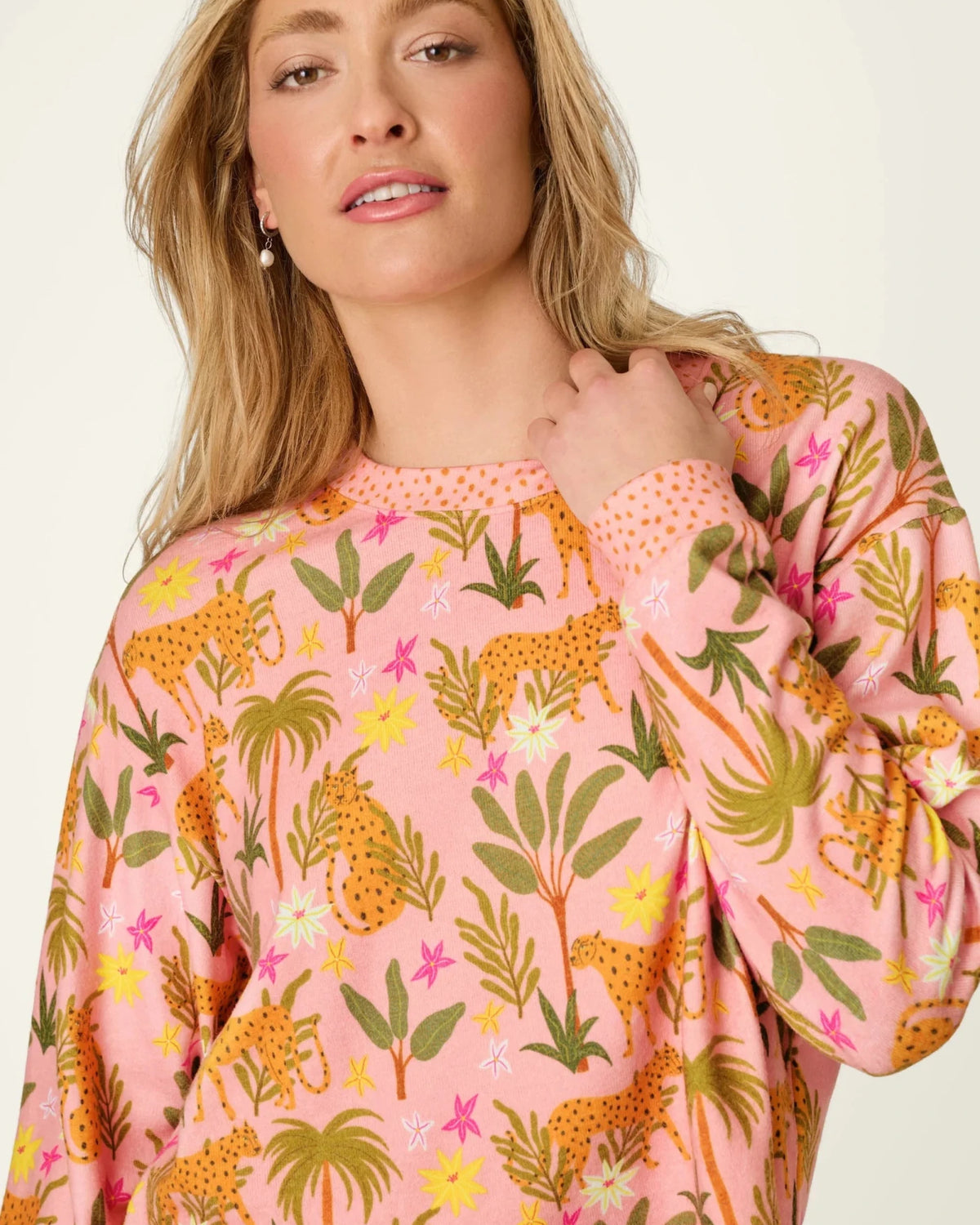 PJ Salvage In The Jungle leopard safari print long sleeve top and pant set in peachy jersey — Cloud Nine Pajamas Edmonton