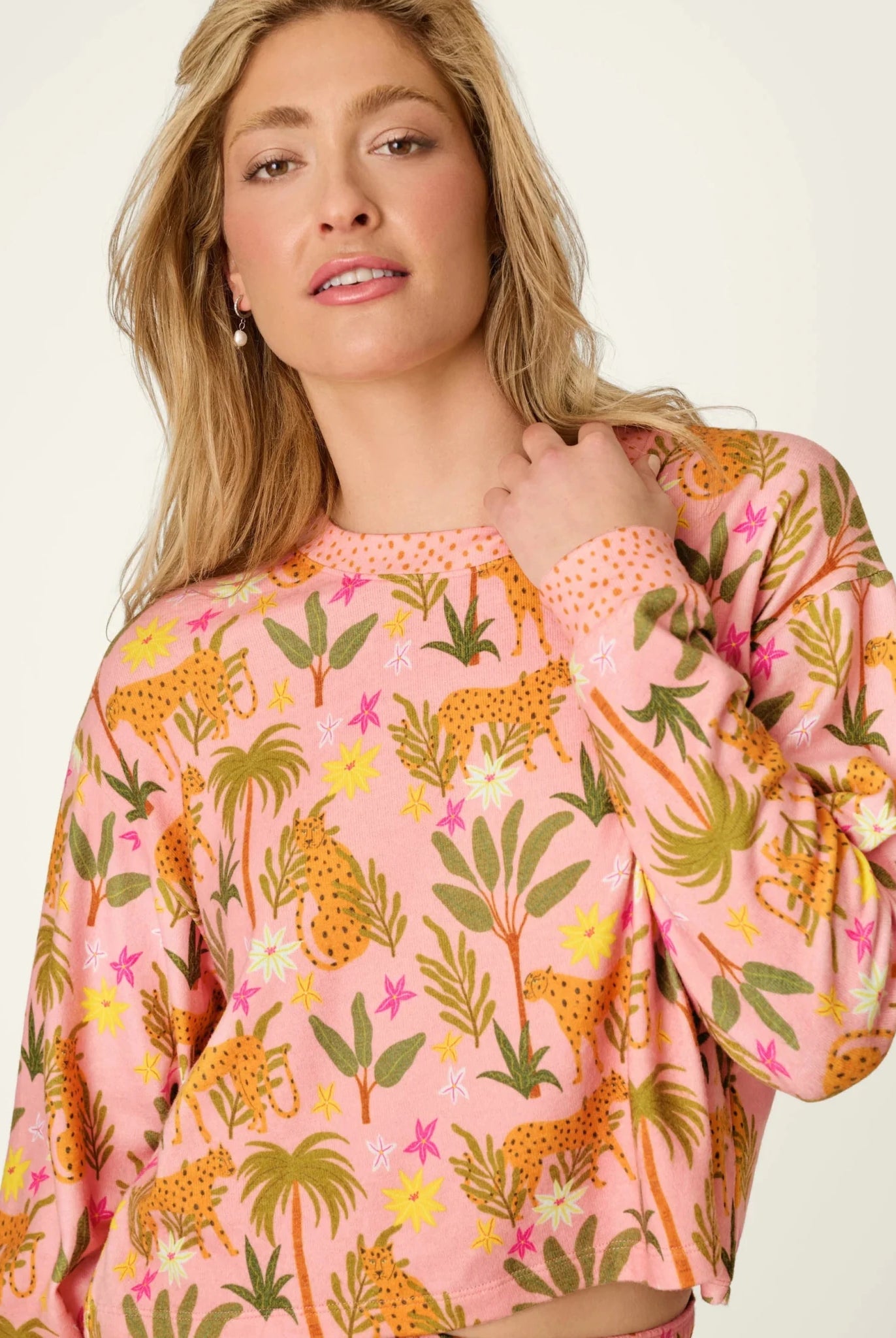 PJ Salvage In The Jungle leopard safari print long sleeve top and pant set in peachy jersey — Cloud Nine Pajamas Edmonton