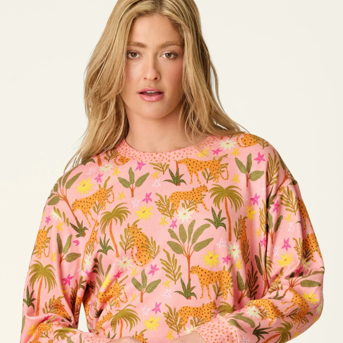 PJ Salvage In The Jungle leopard safari print long sleeve top and pant set in peachy jersey — Cloud Nine Pajamas Edmonton