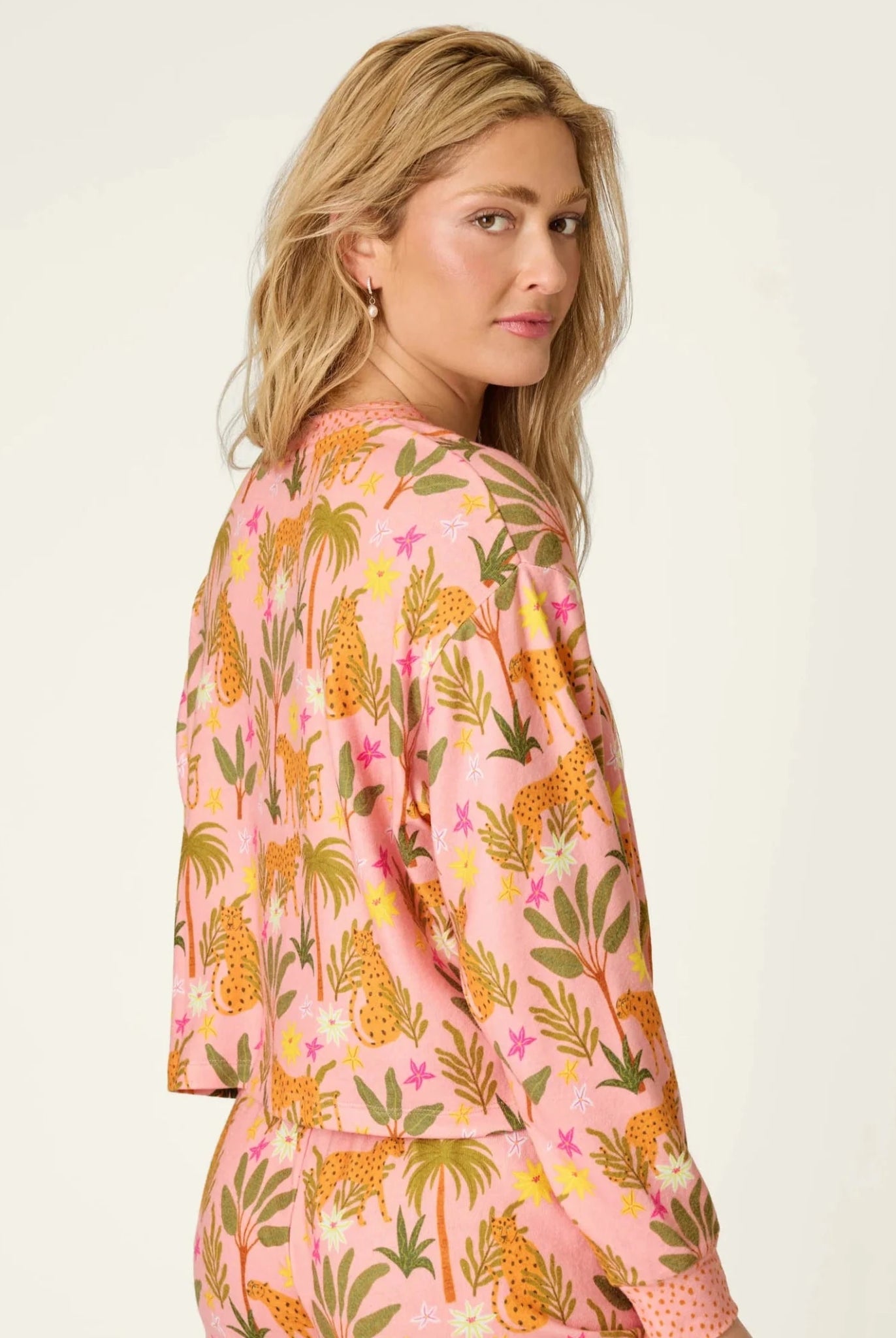 PJ Salvage In The Jungle leopard safari print long sleeve top and pant set in peachy jersey — Cloud Nine Pajamas Edmonton