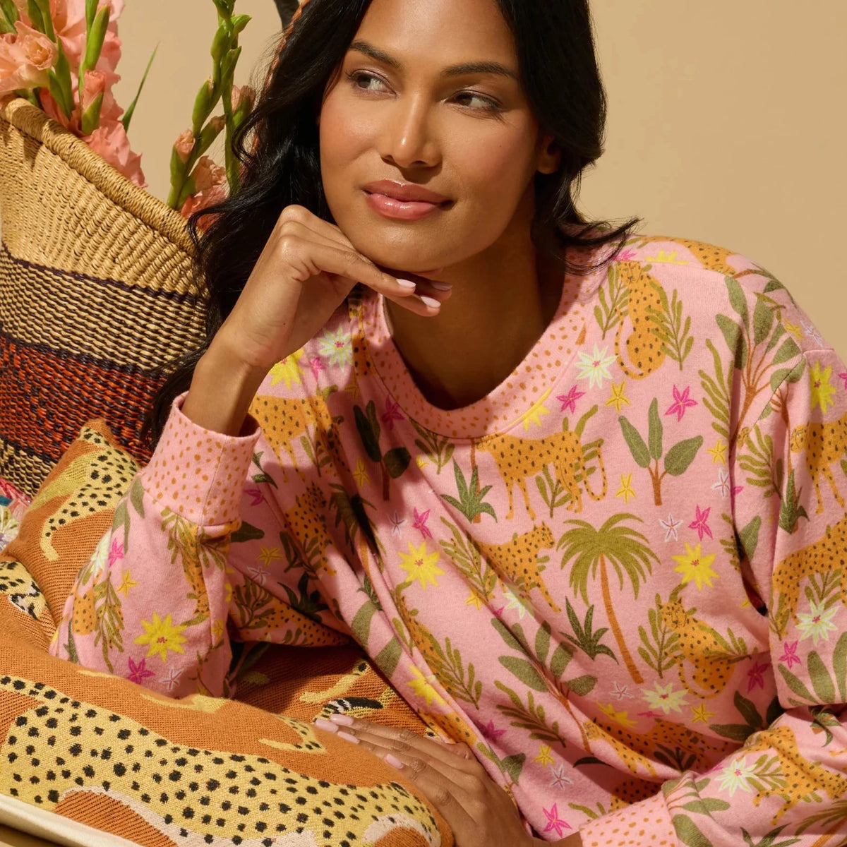 PJ Salvage In The Jungle leopard safari print long sleeve top and pant set in peachy jersey — Cloud Nine Pajamas Edmonton
