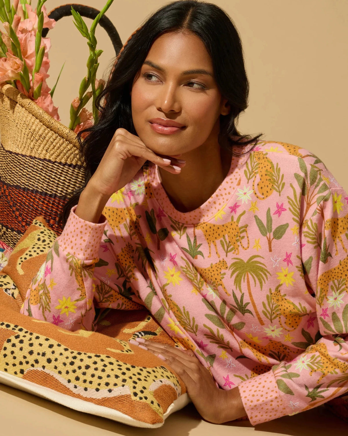 PJ Salvage In The Jungle leopard safari print long sleeve top and pant set in peachy jersey — Cloud Nine Pajamas Edmonton