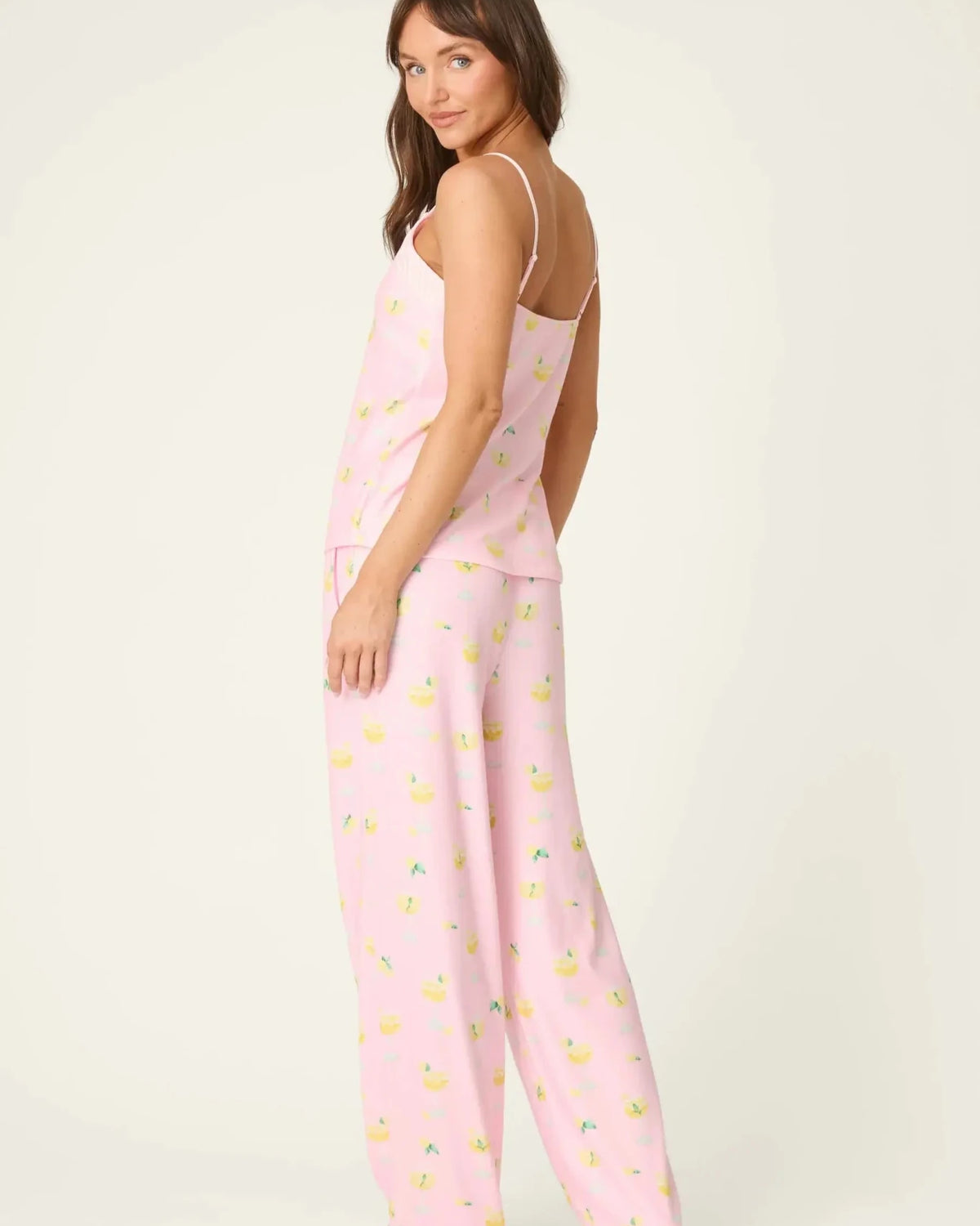 PJ Salvage - La Dolce Spritz Limoncello Life Long Butter Jersey PJ Set model wearing the lightweight fabric in pink.