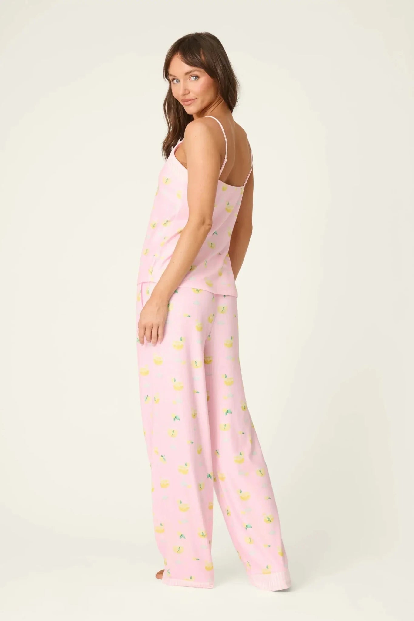 PJ Salvage - La Dolce Spritz Limoncello Life Long Butter Jersey PJ Set model wearing the lightweight fabric in pink.
