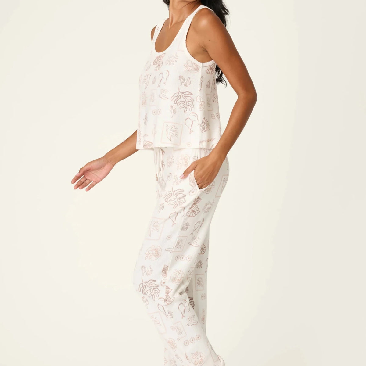 PJ Salvage Palms Away baby waffle knit tank and jogger set in peachy botanical palm print — Cloud Nine Pajamas Edmonton