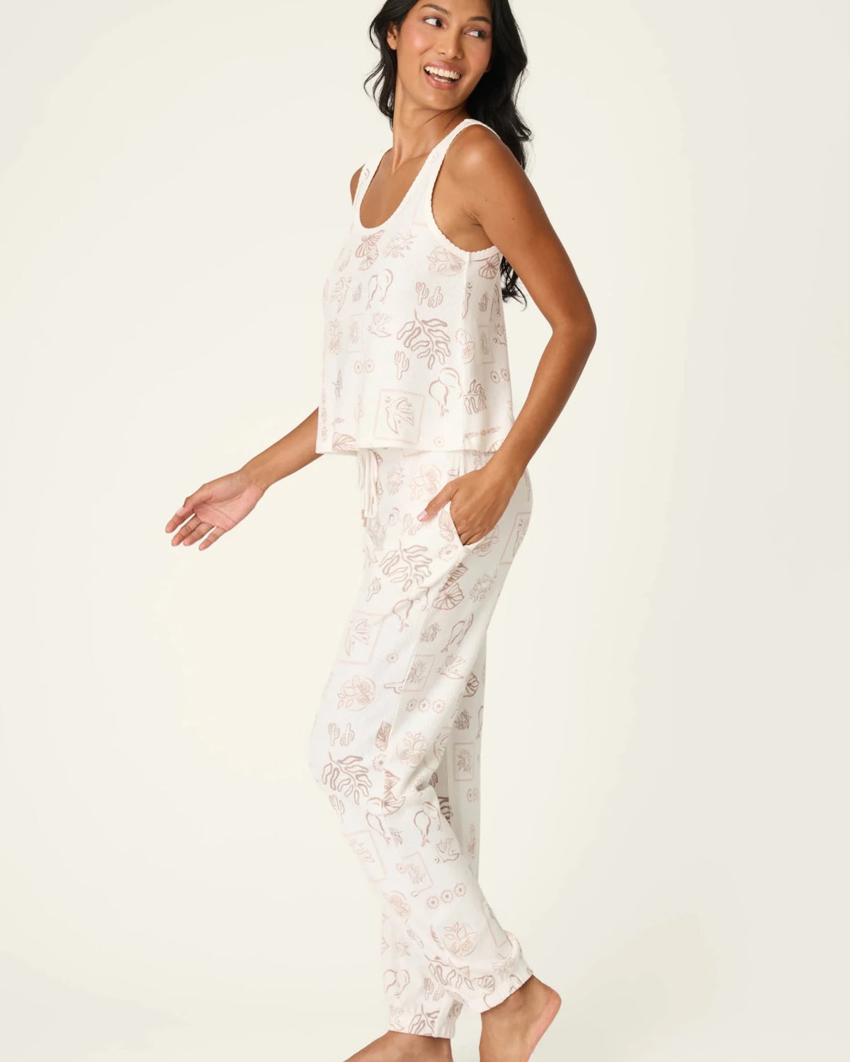 PJ Salvage Palms Away baby waffle knit tank and jogger set in peachy botanical palm print — Cloud Nine Pajamas Edmonton