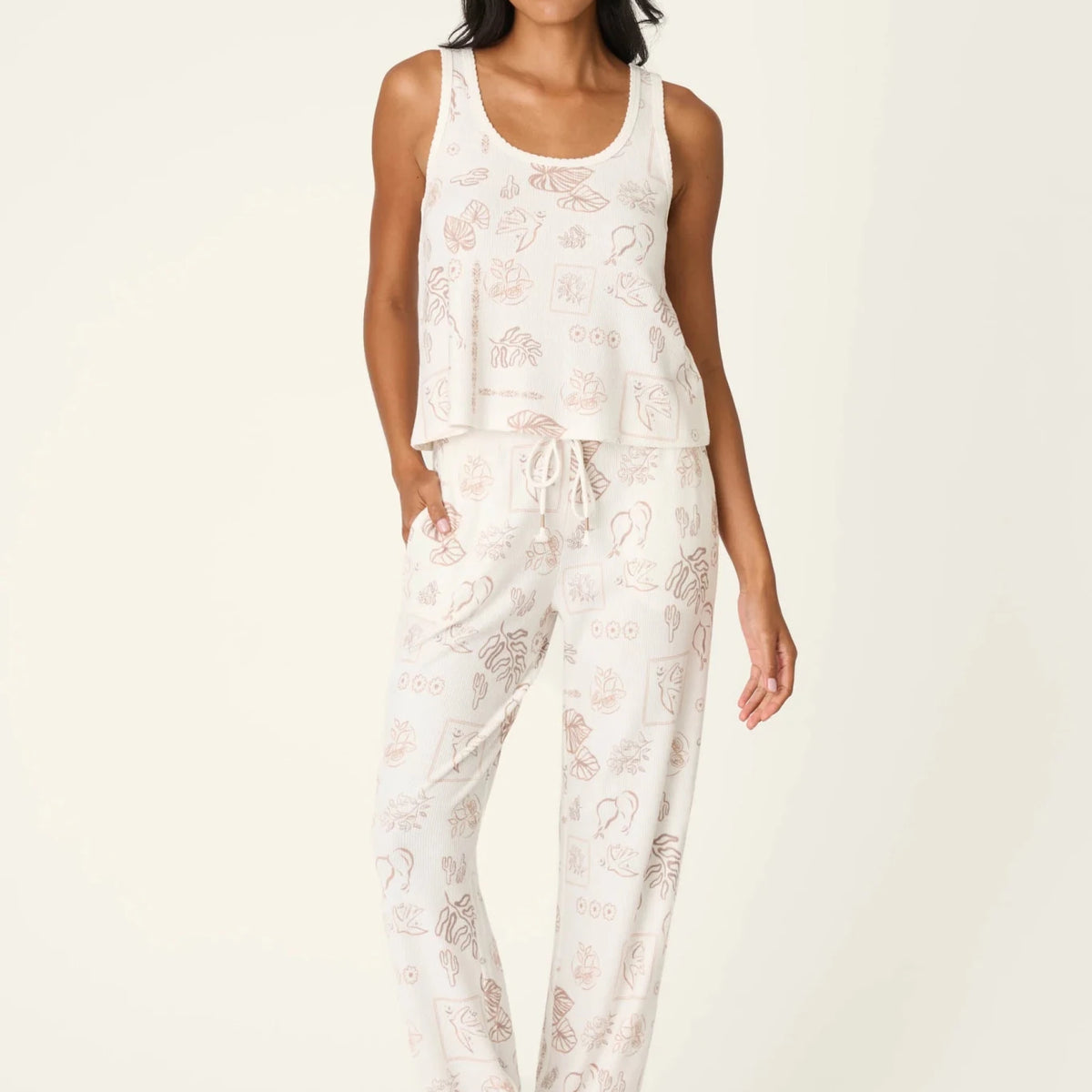 PJ Salvage Palms Away baby waffle knit tank and jogger set in peachy botanical palm print — Cloud Nine Pajamas Edmonton