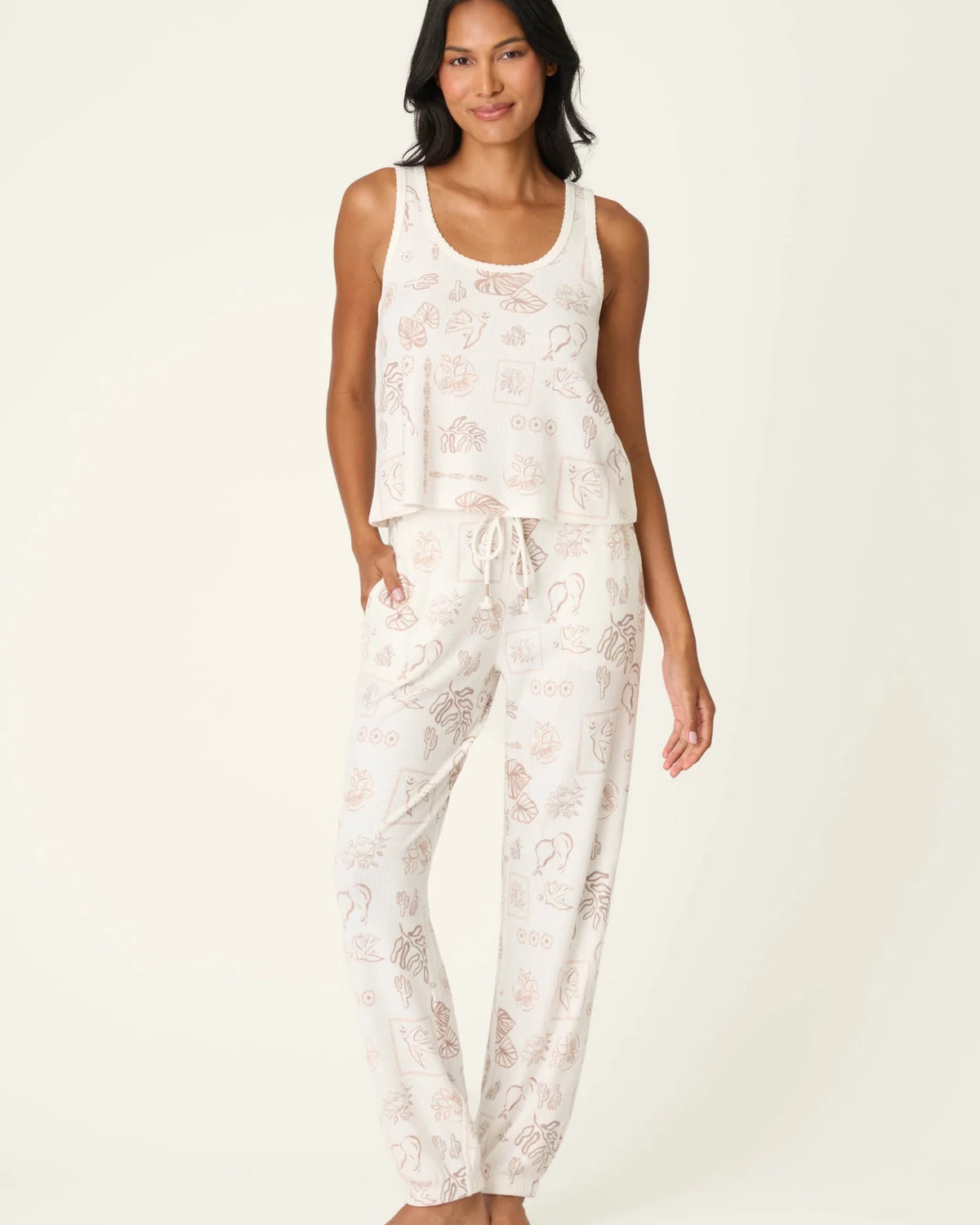 PJ Salvage Palms Away baby waffle knit tank and jogger set in peachy botanical palm print — Cloud Nine Pajamas Edmonton