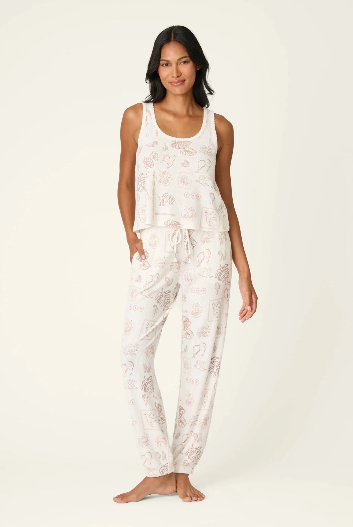 PJ Salvage Palms Away baby waffle knit tank and jogger set in peachy botanical palm print — Cloud Nine Pajamas Edmonton