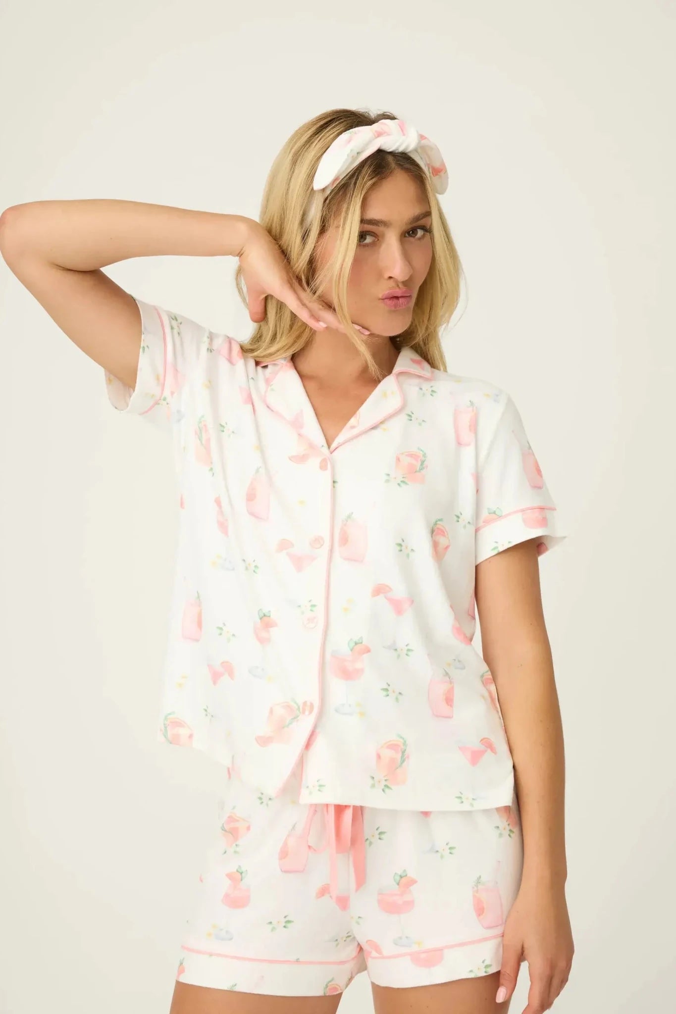 PJ Salvage Paloma Mama Sweet Sips 3-Piece Pajama Set featuring a woman in a cute pajama set with a playful design.
