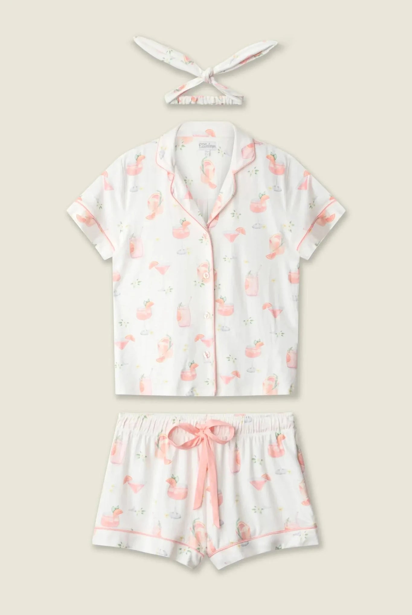 PJ Salvage Paloma Mama Sweet Sips 3-Piece Pajama Set featuring a short-sleeve top, shorts, and headband in a playful print.