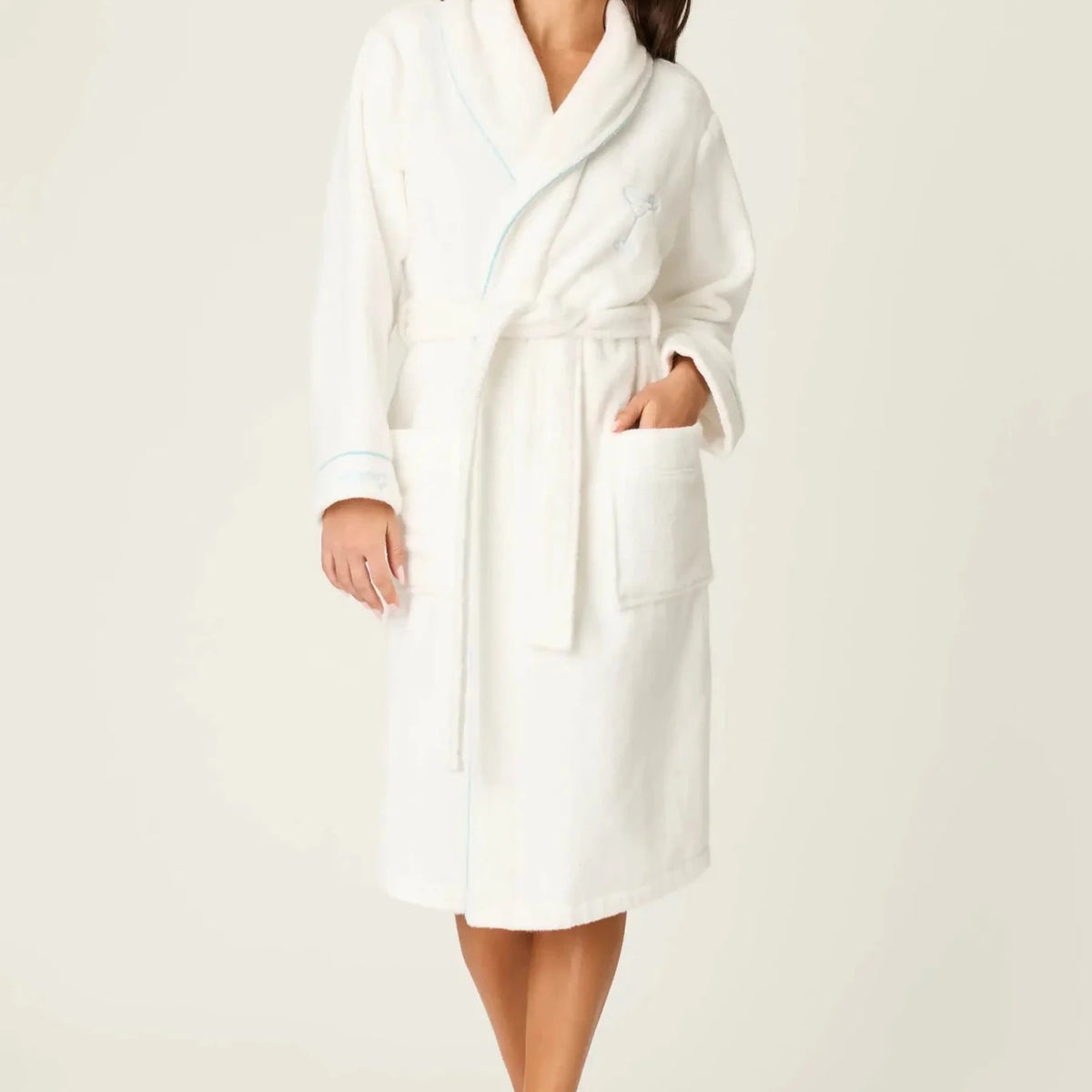 PJ SALVAGE Playful Cotton Terry Robe full length shot on model in the Happy Hour Classic White with embroidery