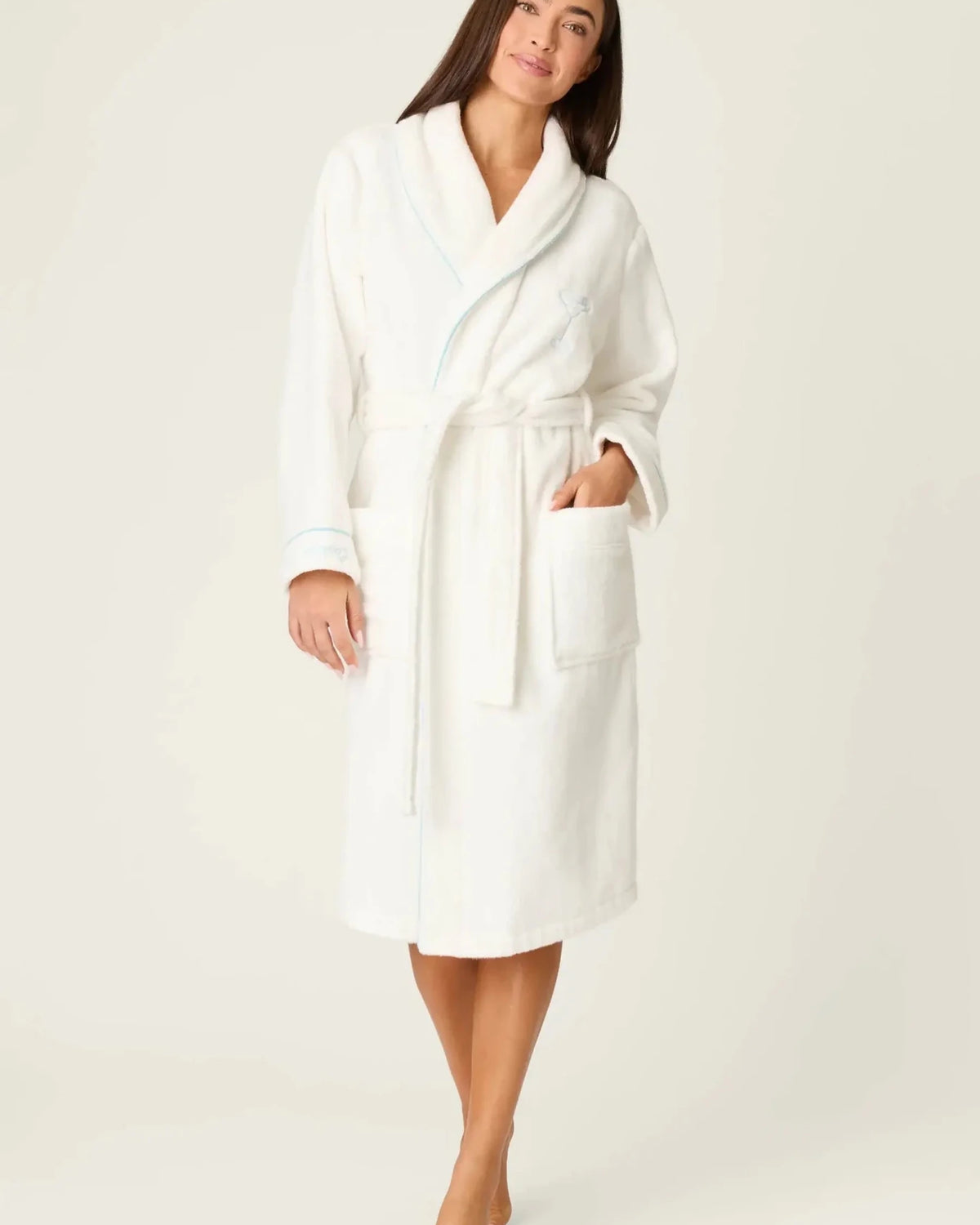 PJ SALVAGE Playful Cotton Terry Robe full length shot on model in the Happy Hour Classic White with embroidery