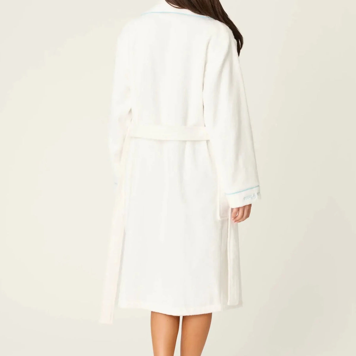 PJ SALVAGE Playful Cotton Terry Robe full length shot on model in the Happy Hour Classic White with embroidery showing back view