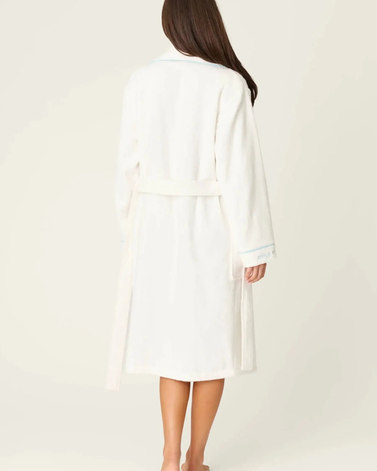 PJ SALVAGE Playful Cotton Terry Robe full length shot on model in the Happy Hour Classic White with embroidery showing back view