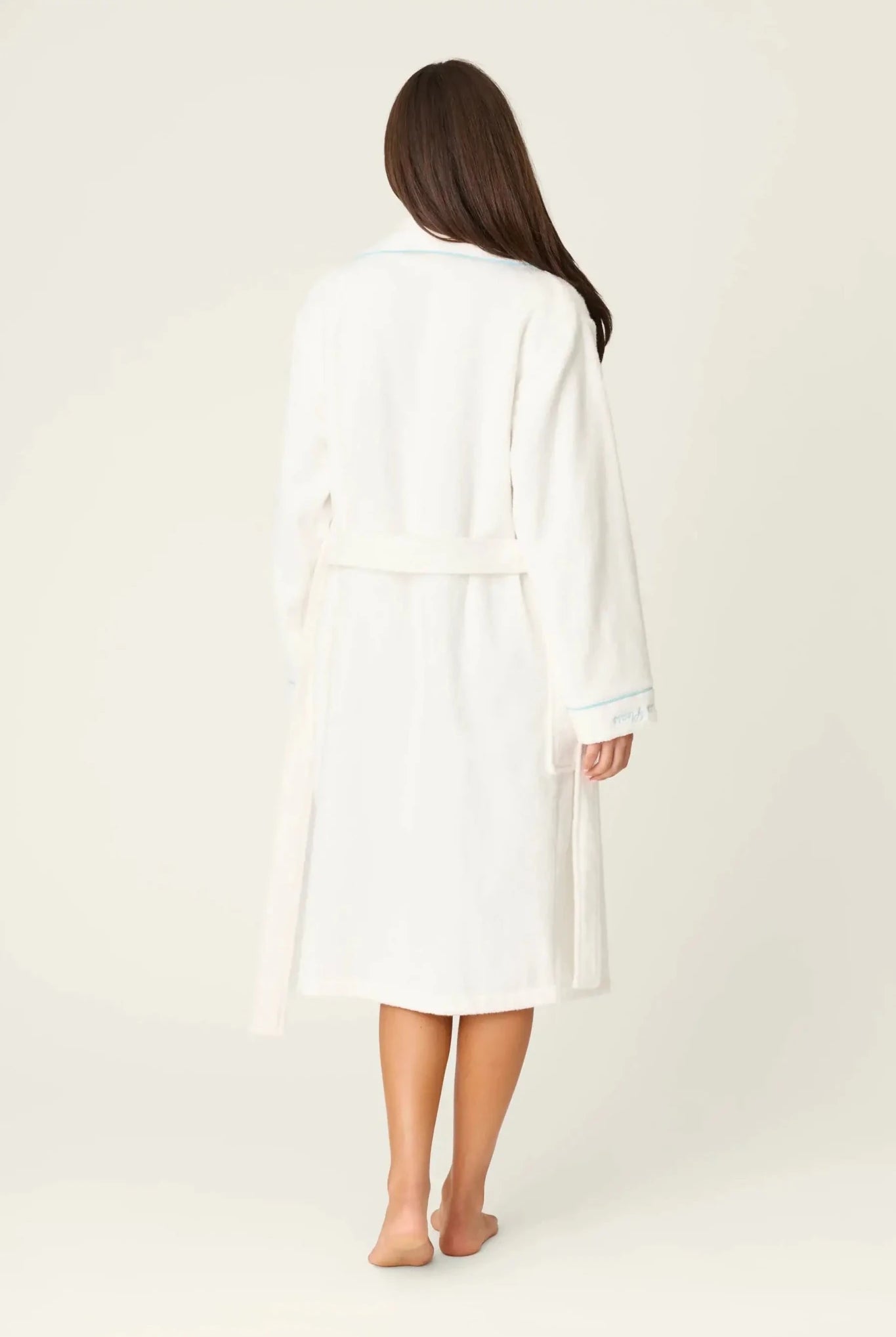 PJ SALVAGE Playful Cotton Terry Robe full length shot on model in the Happy Hour Classic White with embroidery showing back view