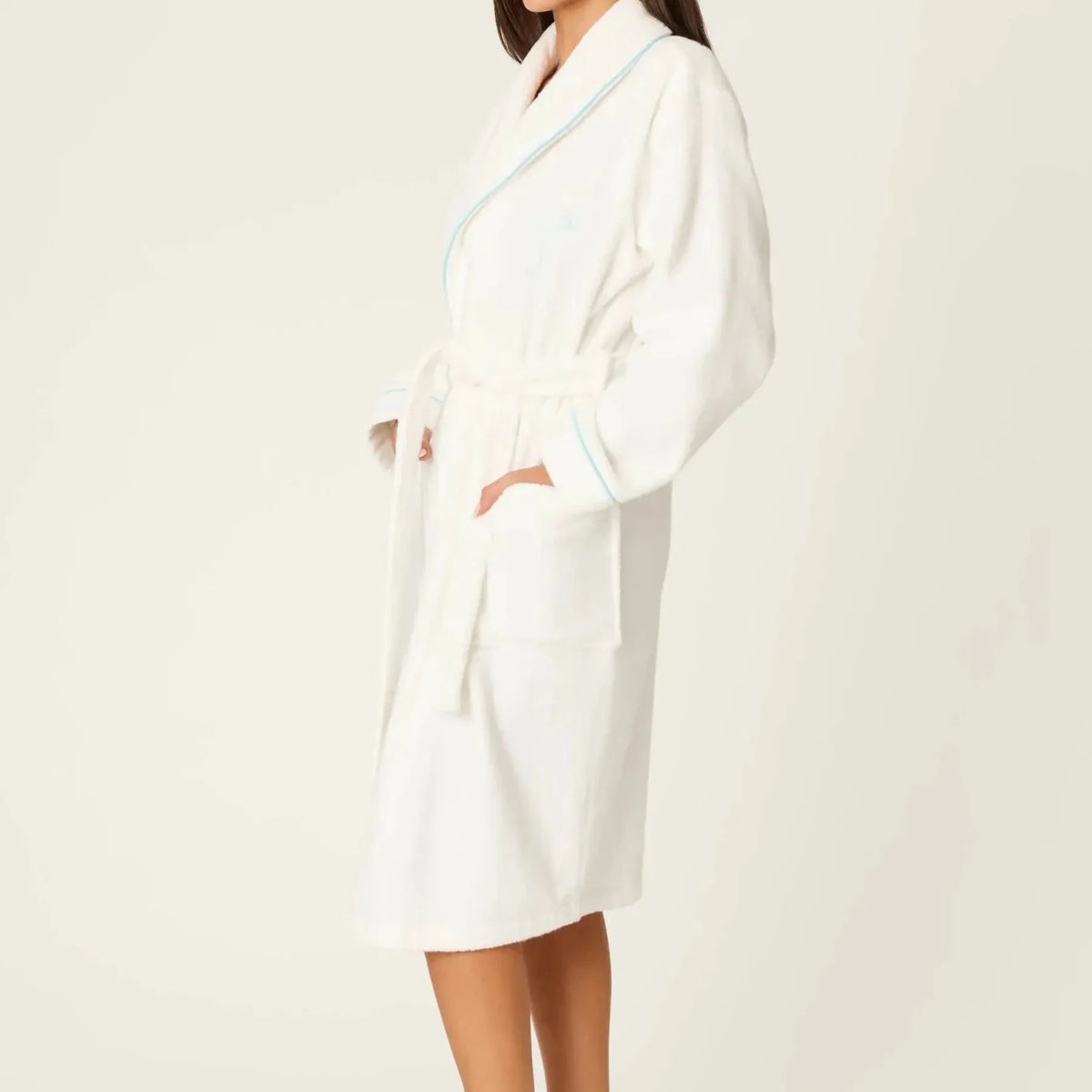 PJ SALVAGE Playful Cotton Terry Robe full length shot on model in the Happy Hour Classic White with embroidery