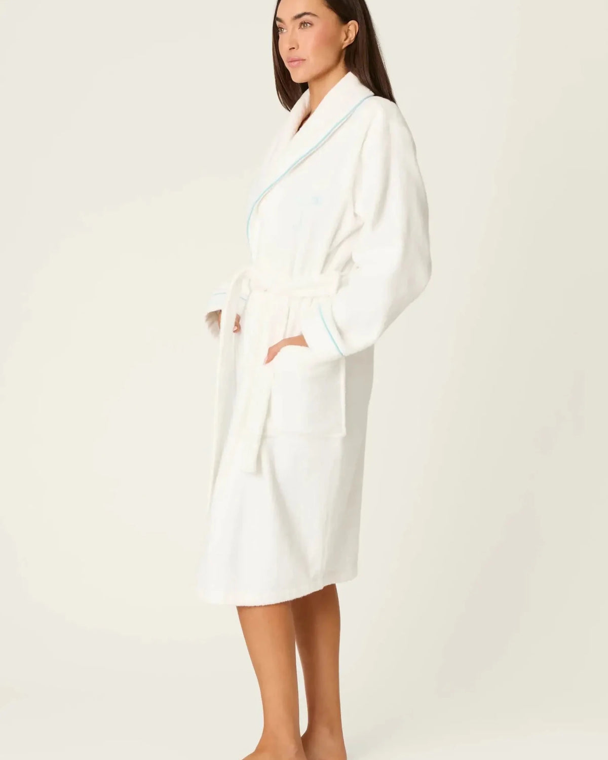 PJ SALVAGE Playful Cotton Terry Robe full length shot on model in the Happy Hour Classic White with embroidery