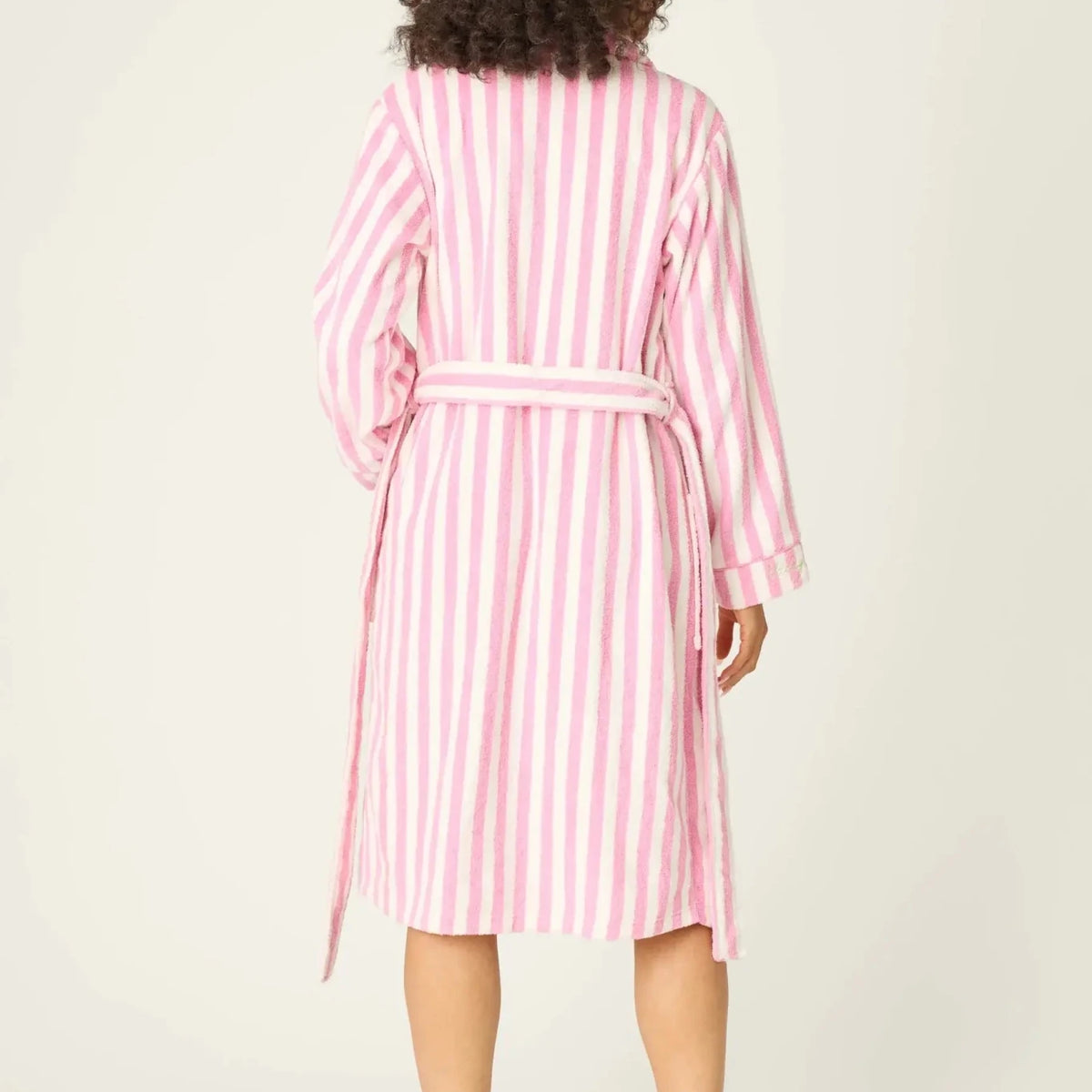 PJ SALVAGE Playful Cotton Terry Robe back view shot on model in the Out of Office Pink stripe print