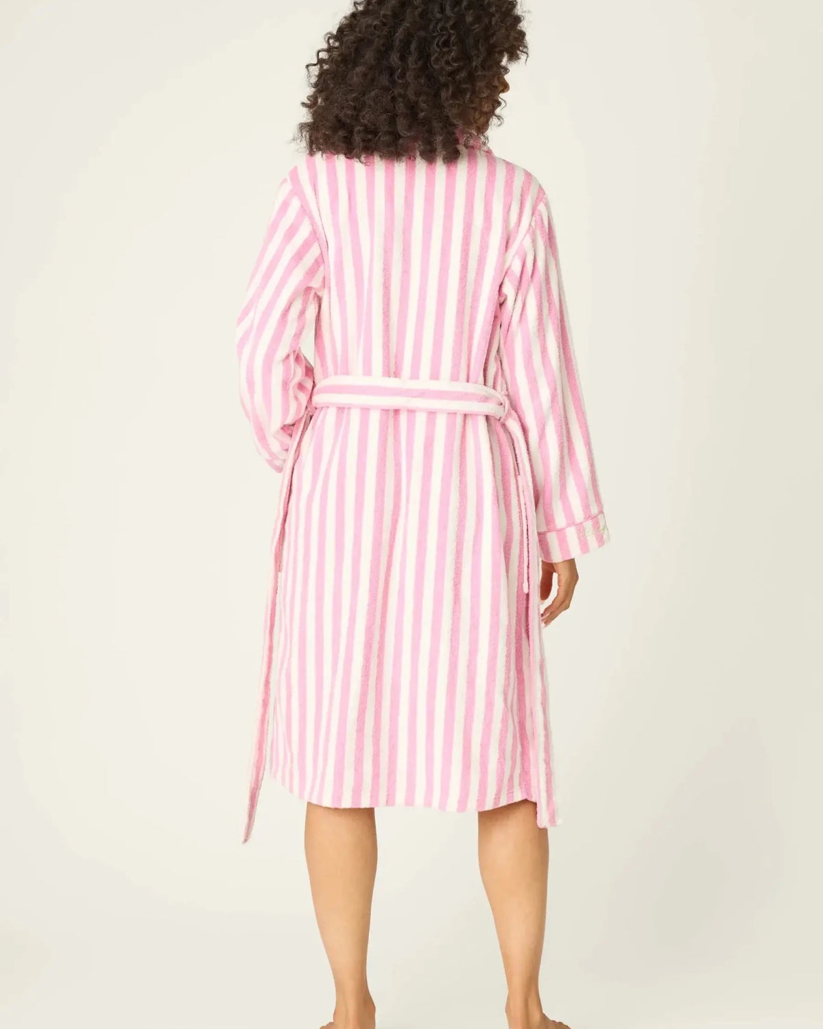 PJ SALVAGE Playful Cotton Terry Robe back view shot on model in the Out of Office Pink stripe print
